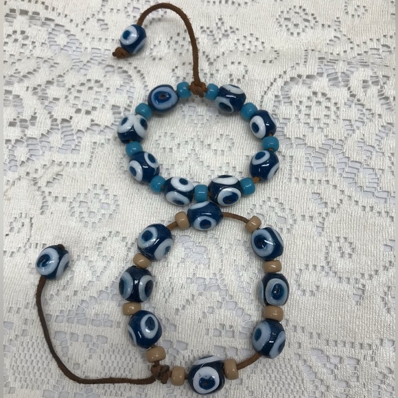 Natural Stone Evil Protective Eye Bracelet Leather Cord Strung Set Of 2 - Picture 1 of 9